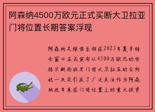 阿森纳4500万欧元正式买断大卫拉亚门将位置长期答案浮现